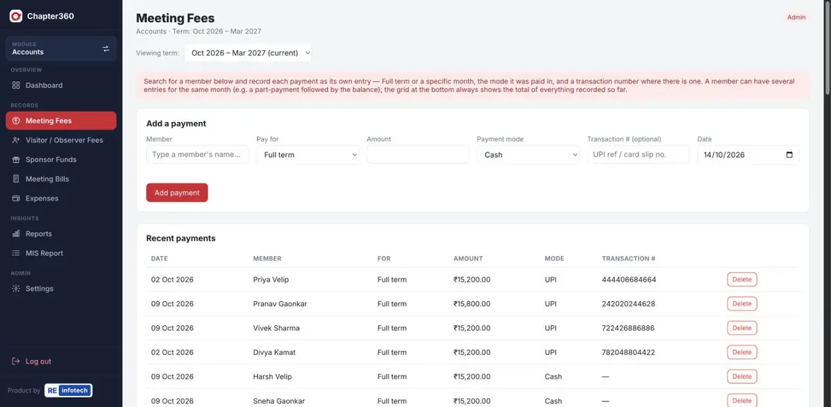 Meeting fees screen with a payment form and recent payments list